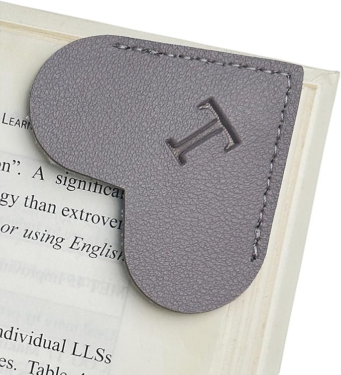 MOTEERLLU Personalized Leather Heart Bookmark with Initial, Cute Letters Custom Corner Book Mark for Reading Women, Teacher, Student, Book Lovers Gifts, Book Accessories (Grey, T)