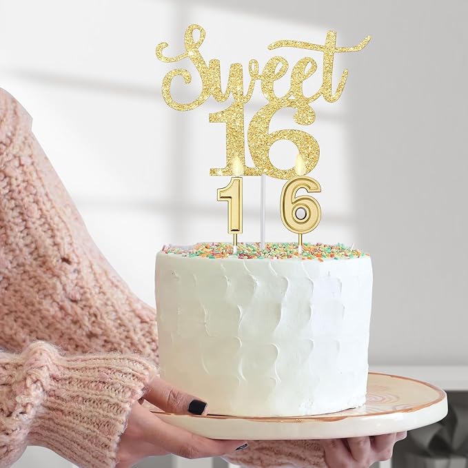 16th Birthday Decorations for Girls Gold with Sweet 16 Sash and Tiara, Cake Topper and Candles, Number Balloons, Sweet 16 Party Decoration Gifts