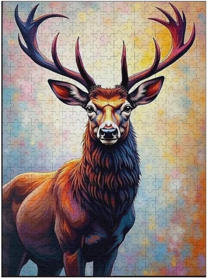 Wooden Puzzles 500 Piece，Color Abstract Deer Painting Themed Jigsaw Puzzles，Family Puzzles，Unique Gifts for Wall Art，Funny Puzzles，Stress Relief Games，Puzzle Games