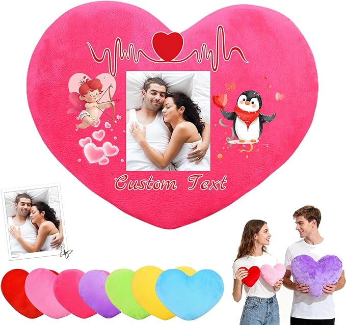 Custom Heart Pillow with Insert, Personalized Heart Shaped Pillows with Photo Name as Valentine Pillows for Hubsand Wife Home Decor Personalized Gifts for Valentines Day Anniversary