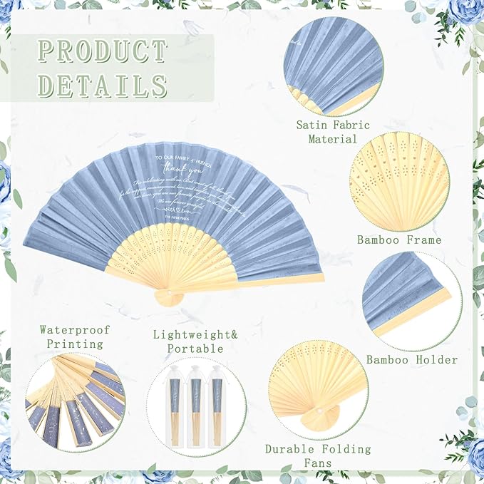 Menkxi 30 Pcs Silk Fabric Folding Fans Bulk for Wedding Guests Thank You Bamboo Folded Hand Fan for Bridal Shower Decoration Favor Vintage Handheld Fans Souvenirs with Organza Bag (Haze Blue,Classic)