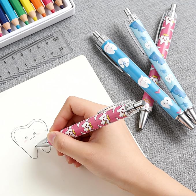Dental Ballpoint Pens Gifts - 24 Pcs Teeth Pen Set Dental Assistant Retractable Smooth Writing Ballpoint Pen Hygienist Appreciation Gift for Nurse Student Teacher Office School Home Supplies