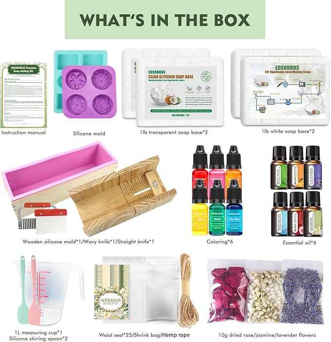 EDSRDRUS Soap Making Kit Series - Soap Making Supplies with Glycerin Soap Base, Silicone Molds, Fragrance Oils, Pigments & More (Green Advanced Soap Making Kit)