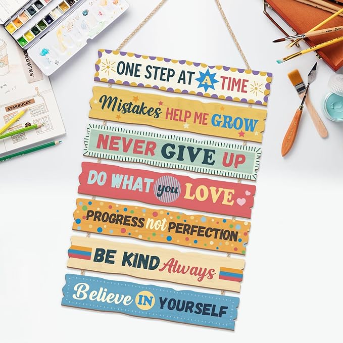 CHDITB Classroom Motivational Wooden Sign, Inspirational Wood Hanging Plaque, Positive Quotes Front Door Sign, Uplifting Wall Decor Hanger Never Give Up Wall Art for Nursery School Decor