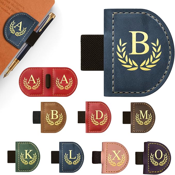Personalized Leather Magnetic Bookmark with Pen Holder, Custom Bygone Mark Bookmark with Pen Holder, Custom Bookmarks with 26 Letters for Reading Women, Men, Teachers, Book Lovers（Blue，B）