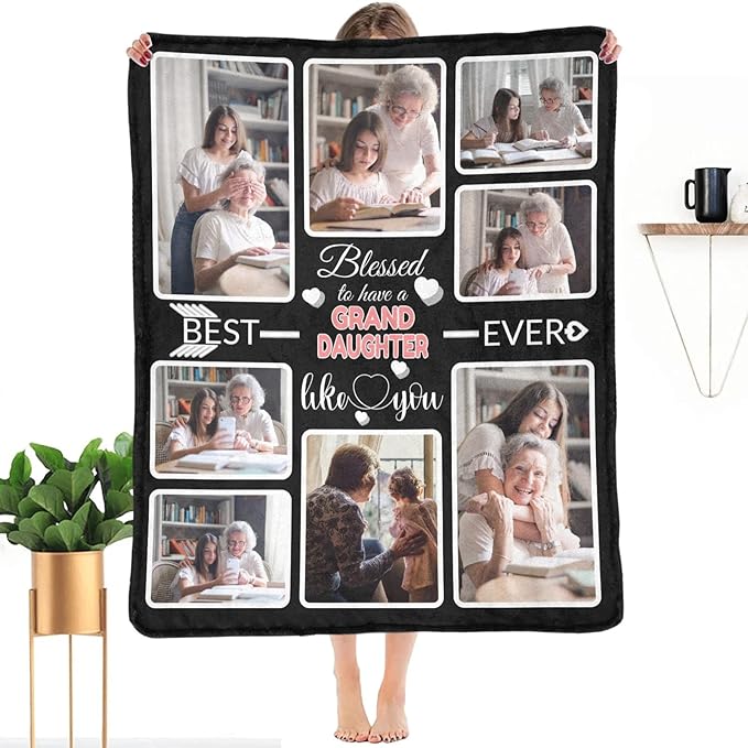 Custom Blanket Gifts for Granddaughter, Customized Blankets with Photos, Make a Personalized Bed Throws, Custom Souvenir Throw Blanket for Best Granddaughter Ever, 8 Collages Made in USA
