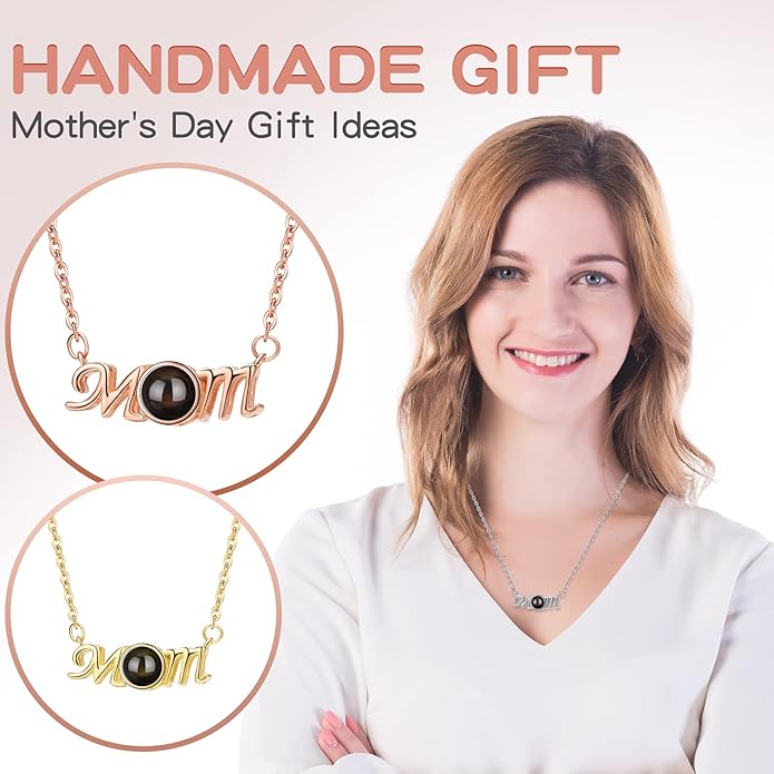 SUPHELPU Personalized Mother's Day Gifts for Mom From Daughter - Custom Photo Necklace With Picture Inside - Projection Necklace for Mom - Memorial Gift