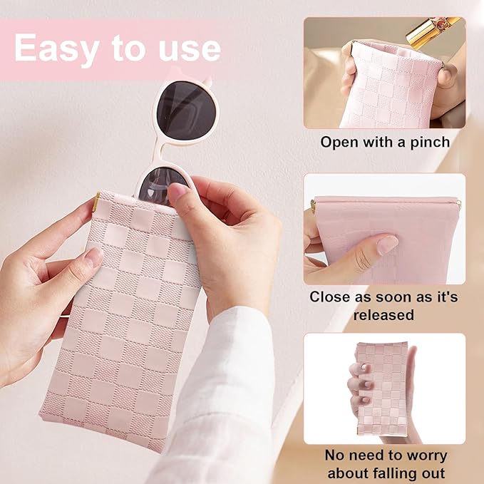 4PCS Small Makeup Bag for Purse, Mini Leather Pocket Cosmetic Bag for Women, Waterproof Portable Makeup Pouch No Zipper Coin Purse Lipstick Bag Accessories, Checkered Travel Storage Bag(White, Pink)