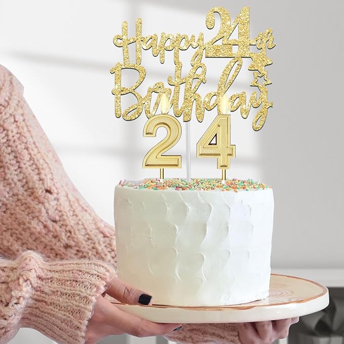 24th Birthday Decorations for Women Gold with 24th Birthday Sash and Tiara, Cake Topper and Candles, Number Balloons Gold, 24 Year Old Gifts for Women
