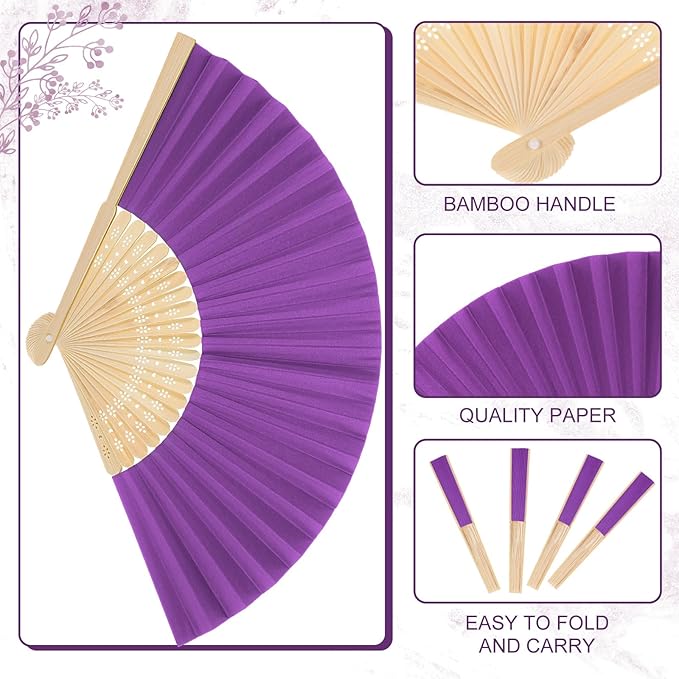 Yinkin 24 Pack Folding Fans Bamboo Handheld Folded Craft Hand Japanese Chinese Fans for Weddings Bridal Dancing Church DIY Decoration Women Gift Party Favors (Purple)
