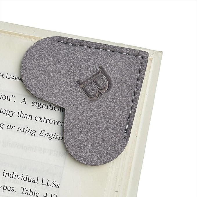 MOTEERLLU Personalized Leather Heart Bookmark with Initial, Cute Letters Custom Corner Book Mark for Reading Women, Teacher, Student, Book Lovers Gifts, Book Accessories (Grey, B)
