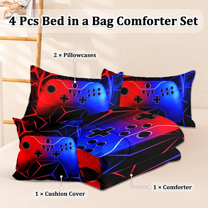 4 Pcs Gamer Full Bedding Set for Boys, Blue-red Gaming Full Size Boys Comforter Set for Teens