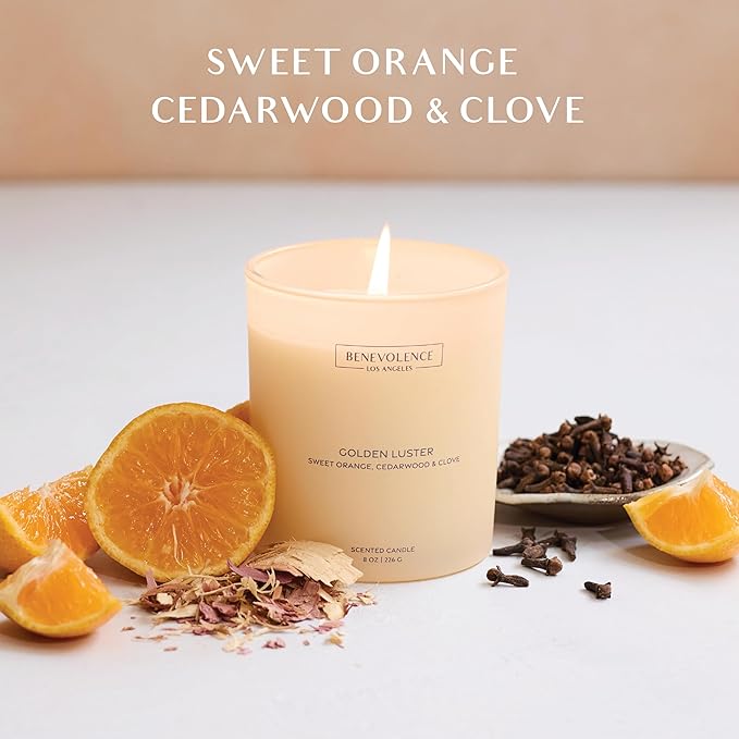 Orange, Cedarwood & Clove – Benevolence LA Scented Candle for Home | 8oz, 45-Hour Burn | Natural Soy Wax, Cotton Wick | Malibu Sands Collection, Gift for Women & Men