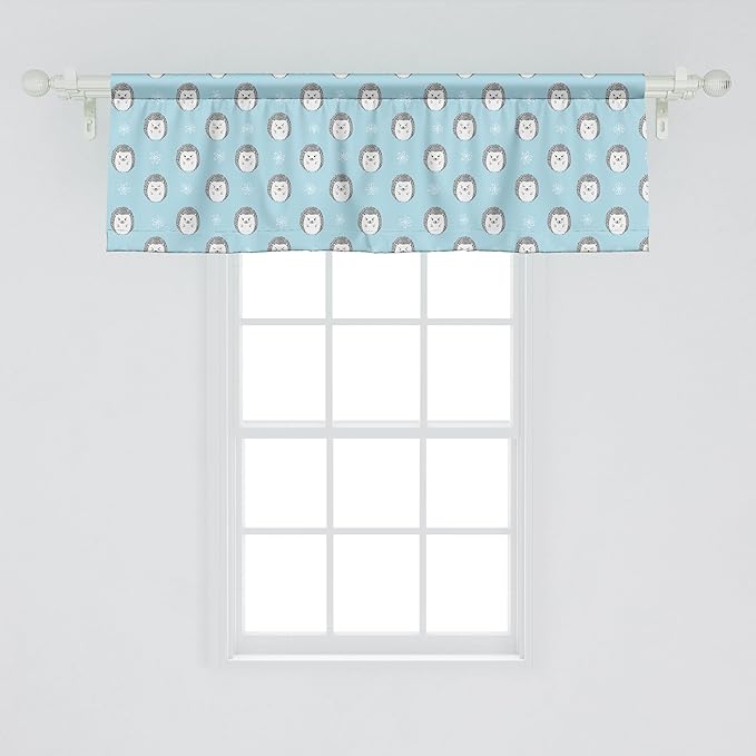 Ambesonne Hedgehog Window Valance, Watercolor Art Smiling Happy Characters with White Daisies on Blue, Curtain Valance for Kitchen Bedroom Decor with Rod Pocket, 54" X 18", Pale Blue Grey White