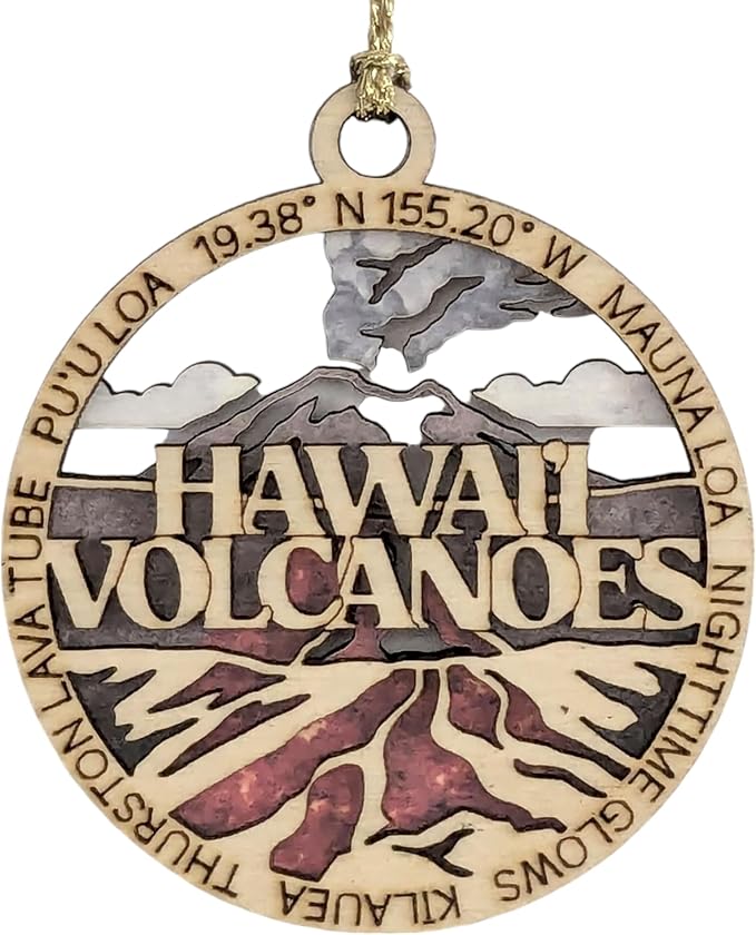 Hawaii Volcanoes National Park Ornament - Handmade Wood Laser Cut Christmas Decoration, Erupting Volcano Scene