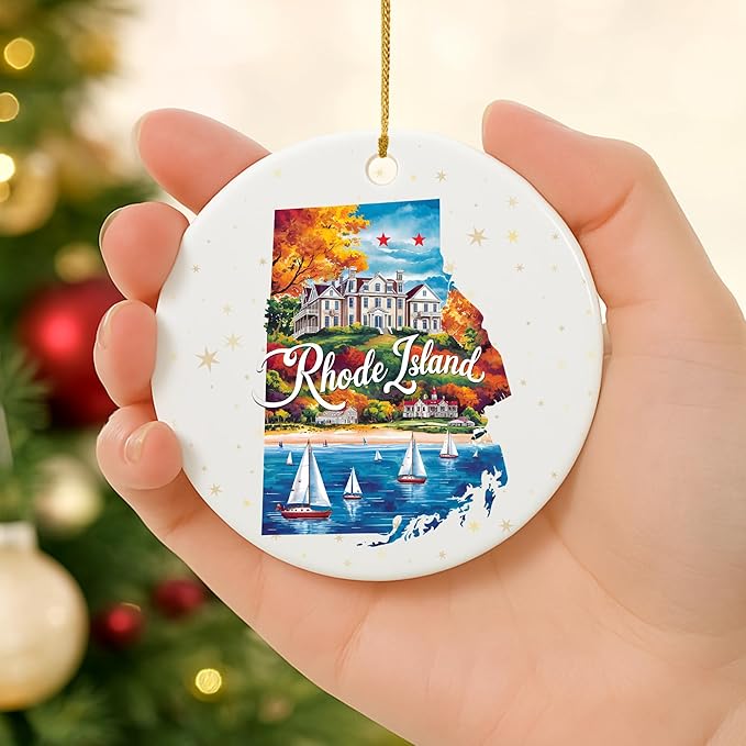 USA State Landmark Ceramic Ornament – Round Glossy Christmas Decoration Featuring U.S. State Art, Landmarks & Holiday Scenery – Collectible Travel Souvenir Ornament Series (Rhode Island)