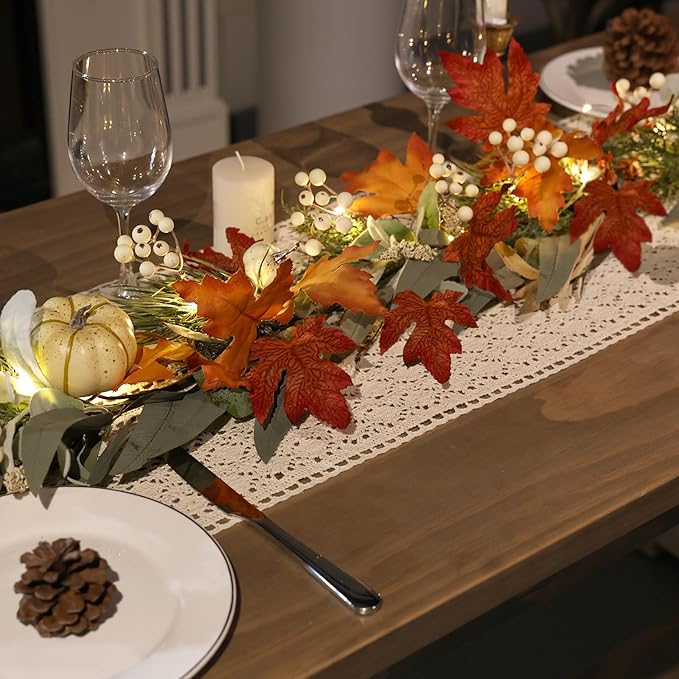 Realistic Fall Garland for Mantle 6 Ft Fall Maple Leaves Garlands with Lights/Timer Pumpkin Garland for Thanksgiving Outdoor Indoor Table Fireplace Autumn Decor Fall Decorations for Home Porch