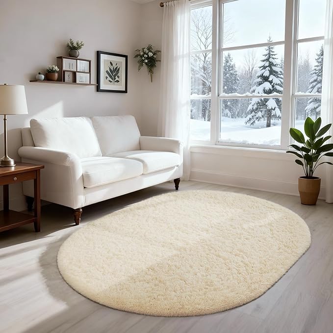 Ophanie 3x5 Oval Rug, Bedside Preppy Dorm Area Rug, College Essentials Non Slip Ivory Small Carpets for Bedroom, Anti Slip Fluffy Living Room Rugs Home Decor Aesthetic, Nursery