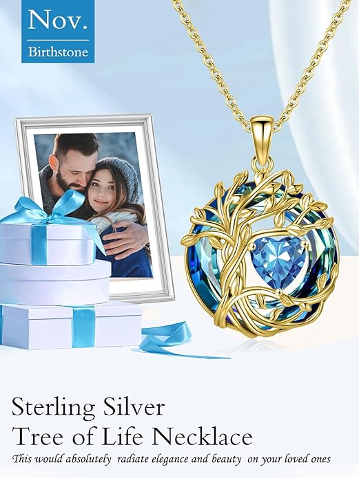 TOUPOP Tree of Life Birthstone Necklace 925 Sterling Silver Pendant Austrian Crystal Jewelry Anniversary Valentine's Day Birthday Gifts for Women Mom Her Wife