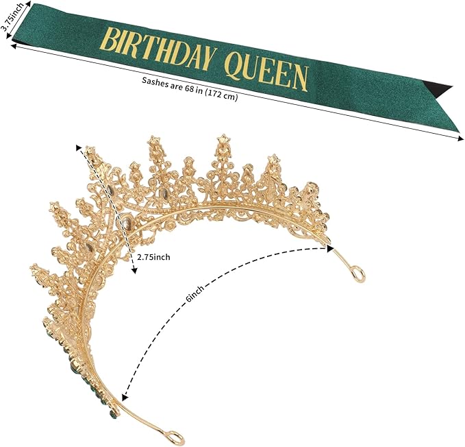 COCIDE Green Birthday Queen Sash for Women Happy Birthday Crowns Princess Tiaras Sashes for Girl Crystal Party Decorations Rhinestone Headband Supplies Decor