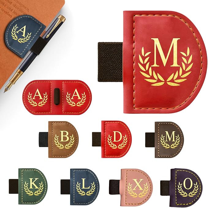 Personalized Leather Magnetic Bookmark with Pen Holder, Custom Bygone Mark Bookmark with Pen Holder, Custom Bookmarks with 26 Letters for Reading Women, Men, Teachers, Book Lovers（Red，M）