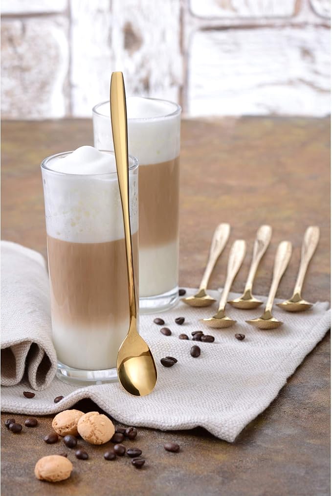 GRÄWE Macchiato Ice Cream Spoon and Latte Stainless Steel Long Spoon Ideal for Coffee, Desserts and Ice Tea, Dishwasher Safe, Gold