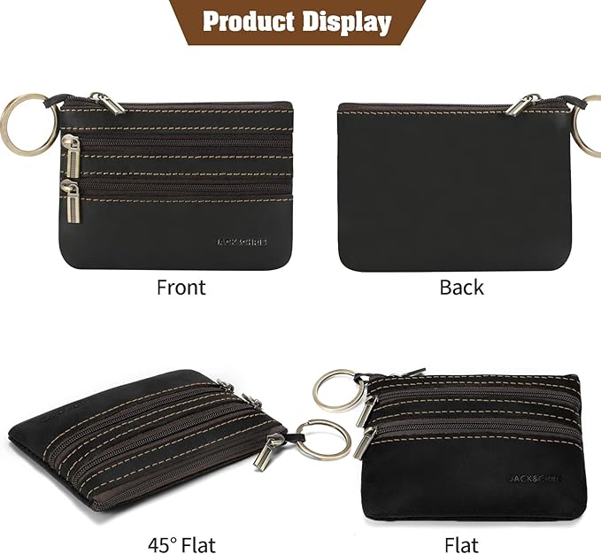 Jack&Chris Coin Purse Pouch for Men, Genuine Leather Coin Purse Zipper Pocket with Keychain Ring, Coin Bag for Men,JC301-Black