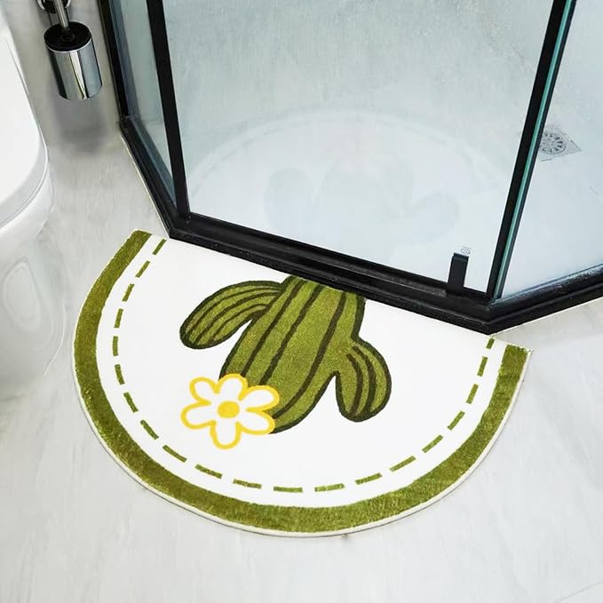 Washable Cute Bath Mat for Bathroom,31x20 Half Circle Non-Slip Small Thin Soft Bath Rugs, Absorbent Water Quick Dry Bath mats, Plush Carpet for Bathtub, Boho Farmhouse Decor (Green Cactus)