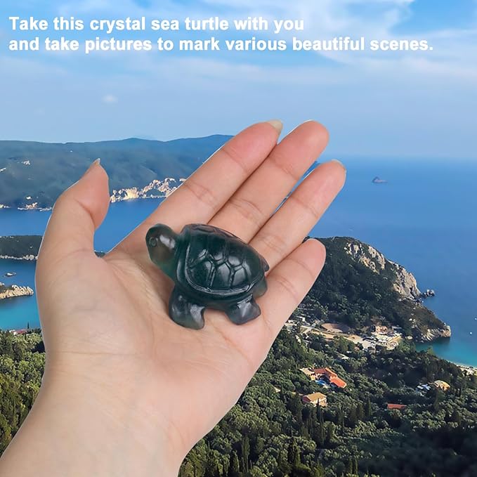 Crystal Travel Sea Turtle Figurines, Fluorite Sea Turtle Travel Gifts for Women Men Travelers, Hand Carved Good Luck Charm, Spiritual Companion Collectible Animal Statue Decors 2.1”