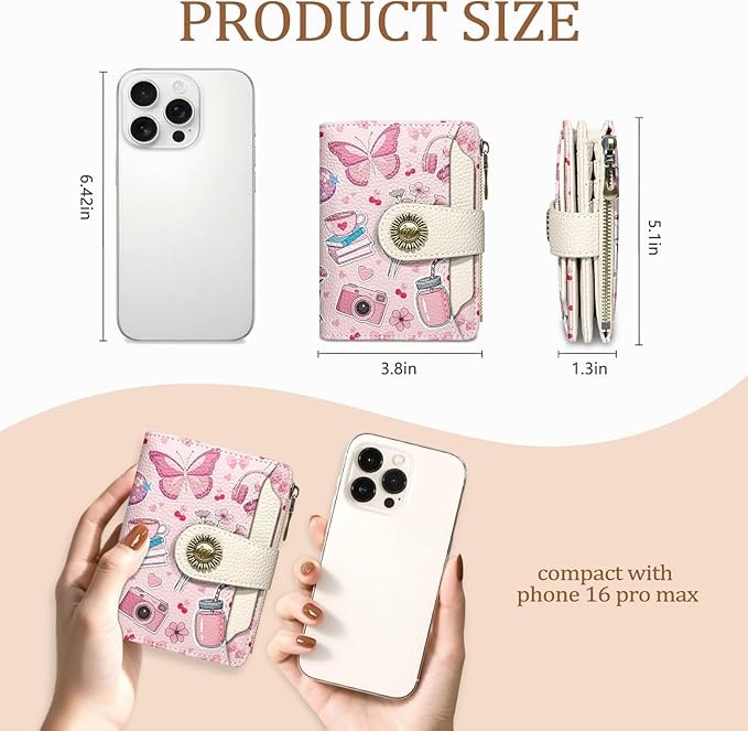 Small Wallet Women RFID Blocking Bifold Cute Credit Card Holder, Zipper Coin Pocket, PU Leather, Compact, Travel, 4 ID Window, 14 Card Slots, Cash Purse, Ladies Woman Female Girls