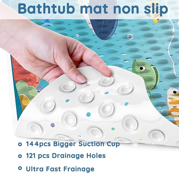 LNOND Bath Mat for Tub for Kids, Toddler Bathtub mat Non Slip, Sharks Fish Kids Bath Mats for Bathroom Non Slip with Drain Holes and Suction Cups,Machine Washable (40 X 16 Inch)