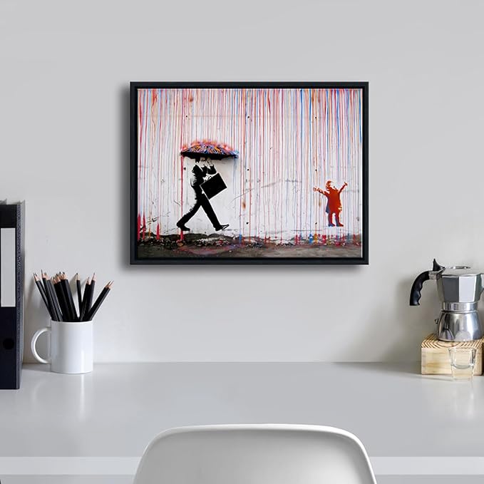 Wieco Art Framed Banksy Raining Day or Colorful Graffiti Street Famous Canvas Paintings Wall Art Modern Inspirational Grey Love Pictures Print Artwork for Home Office Decor