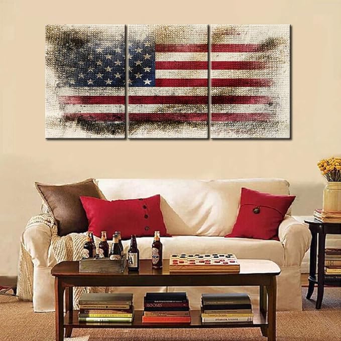 3 Piece Wall Art for Bedroom Native American Flags Dirty Paintings White Stripes Canvas Artwork White Star Pictures Giclee Rustic Home Decorations Framed Ready to Hang Posters and Prints(48''Wx24''H)