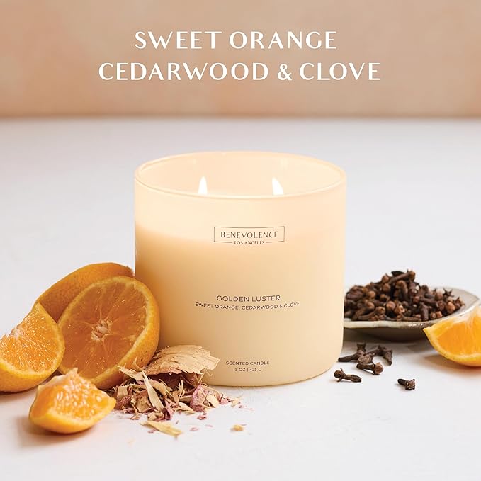 Orange, Cedarwood & Clove – Benevolence LA Large 3-Wick Scented Candle for Home | 15oz, 50-Hour Burn | Soy Wax, Cotton Wicks | Gift Ideas for Women | Malibu Sands Collection