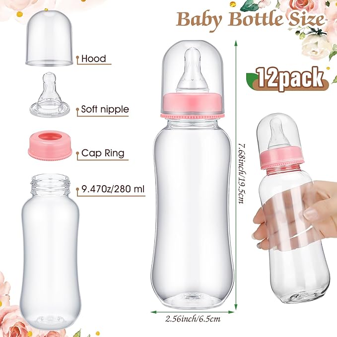 TrelaCo Floral Cool Baby Shower Games Bottle Chug Sign Wooden Floral Gift Sets Gender Reveal Party Favors and 12 Pcs Baby Bottle Shower Supplies for Games Gender Reveal