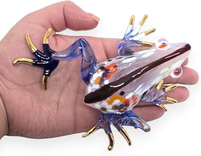 WitnyStore 4⅜" White Blue Black Striped Frog Artistic Blown Glass Figurine Premium Hand-Blown Statue Tabletop Decoration Unique Collectible for Adult Collectors Handcrafted Elegant Home Room Decor