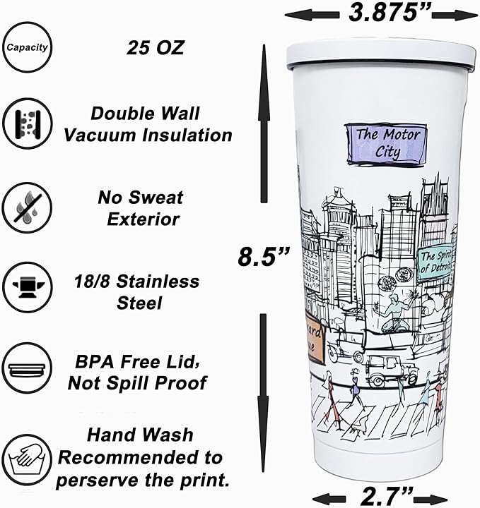 Cities Around the World 25 Oz Tumbler Series - Designed in the USA - Vacuum Insulated Tumbler with Lids & Straw - Stainless Steel Coffee Water Travel Mug, for Hot Cold Drink (Detroit)