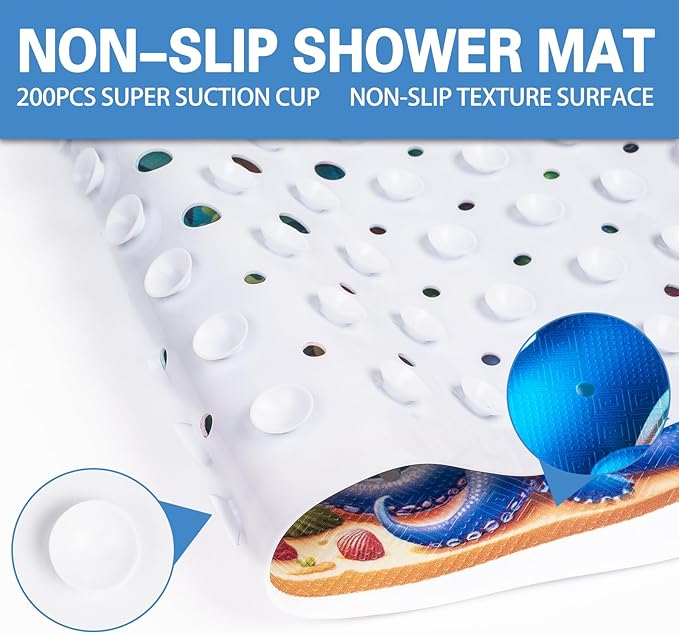 Kids Bath Mat with Ocean Theme Design, 40x16 inches, Non-Slip with 200 Suction Cups, Cartoon Sea Animals Pattern (Turtle+Whale, 40 * 16in)