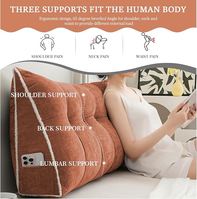 Headboard Pillow Twin, Chenille Triangular Wedge Pillow Headboard Twin Size, Reading Setting Backrest Daybed Pillows for Bed Sofa with Removable Coverr, Orange