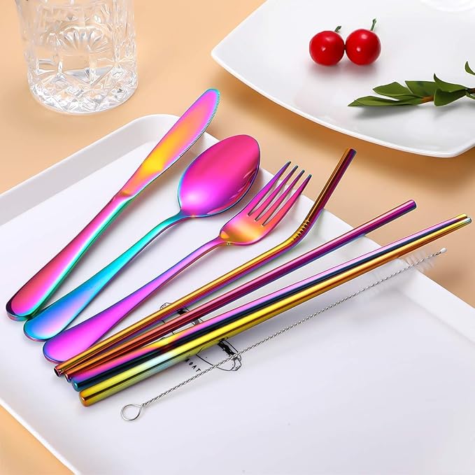 Travel Utensils,Reusable Silverware Set To Go Portable Cutlery Set with a Waterproof Carrying Case for Lunch Boxes Workplace Camping Picnic (Rainbow)