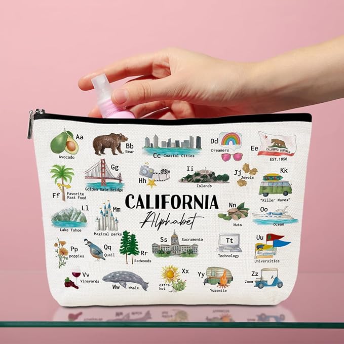 California Alphabet Cosmetic Bag Makeup Bag California Lovers Gift California Travel Souvenir Merch Vacation Friendship Gifts for Women California Lovers Girls Trip Gifts Favors Christmas Birthday