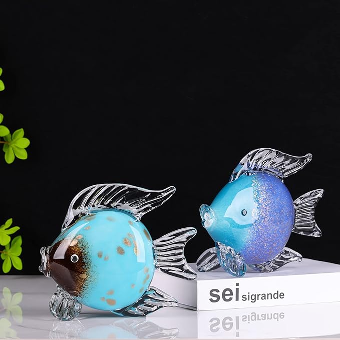 Large Glass Fish Figurines Hand Blown Glass Fish Statue and Sculpture Home Decor, Murano Animal Tropical Sea Glass Paperweights for Desk, Glass Aquarium Coastal Beach Decorative (Light Blue)