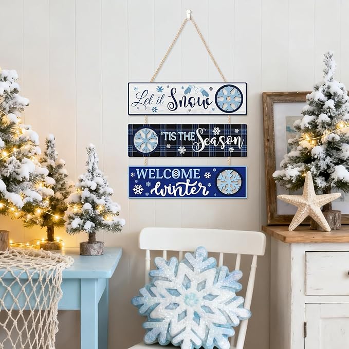 CHDITB Let It Snow Wooden Sign, Welcome Winter Front Door Sign, Snowy Snowflake Wood Hanging Plaque, Christmas Sign, Xmas Seasonal Wall Decor for Outdoor Porch Yard Home Decor