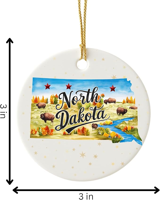 USA State Landmark Ceramic Ornament – Round Glossy Christmas Decoration Featuring U.S. State Art, Landmarks & Holiday Scenery – Collectible Travel Souvenir Ornament Series (North Dakota)