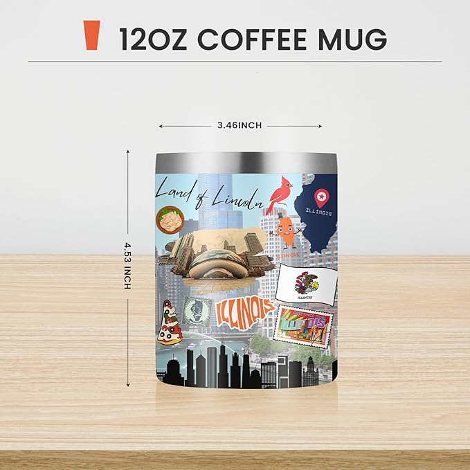 12oz Coffee Mug Illinois State Insulated Coffee Cups, United States Map Travel Mug Landmark, Birthday Gifts Cute Mugs with Lid and Straw Mothers Day Gifts