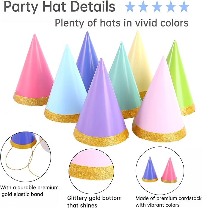 24-Pack Pre-Assembled Party Hats for Stuffed Animals, Birthday Hats for Adults, Happy Birthday Headwear Party Decorations