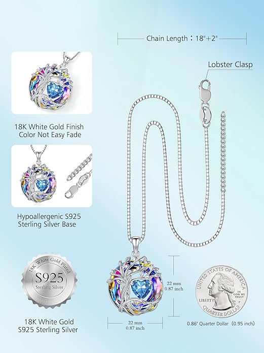 TOUPOP Tree of Life Birthstone Necklace 925 Sterling Silver Pendant Austrian Crystal Jewelry Anniversary Valentine's Day Birthday Gifts for Women Mom Her Wife