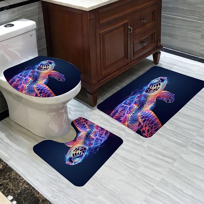 4 Pcs Turtle Shower Curtain Set - Turtle Shower Curtain Ocean Shower Curtains for Bathroom Kids Shower Curtain Ocean Themed Shower Curtain Set with Rug, Toilet Cover and Bath Mat with 12 Hooks