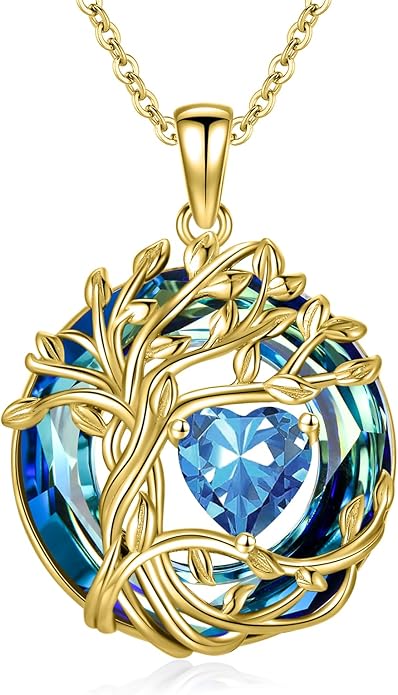 TOUPOP Tree of Life Birthstone Necklace 925 Sterling Silver Pendant Austrian Crystal Jewelry Anniversary Valentine's Day Birthday Gifts for Women Mom Her Wife