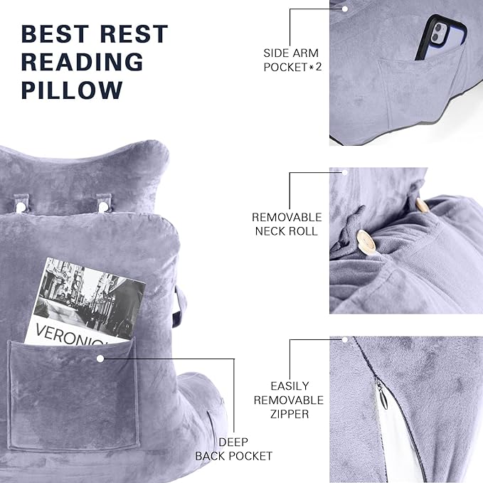 SLIGUY Reading Pillow-Bed Rest Pillow with Detachable Neck Roll & Support Arm for Sitting in Bed Couch or Floor-Backrest Reading Pillow Adult Back Pillow for Reading/Watching TV/Gaming/Relaxing,Grey